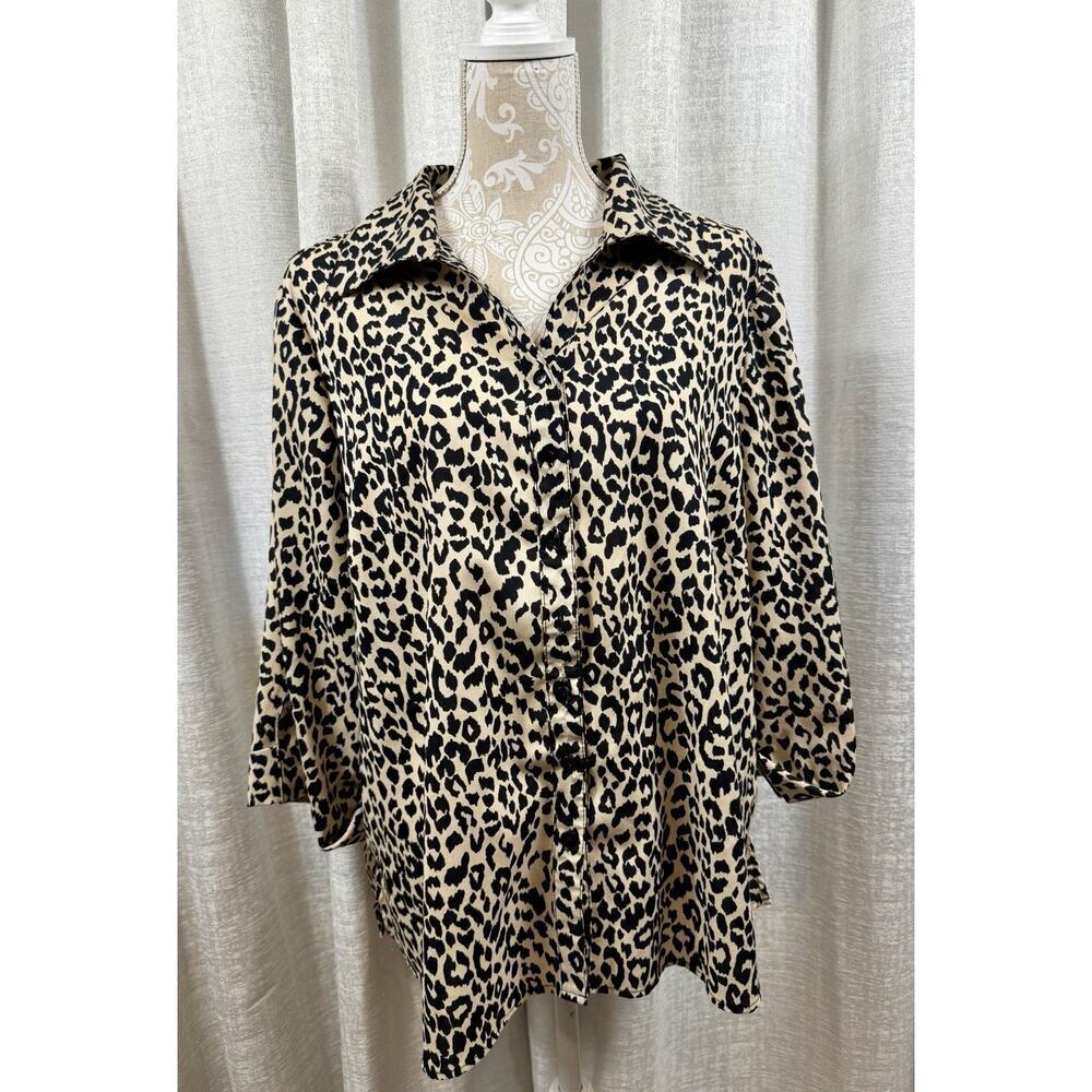 BFA Classics Leopard Print Button Up Blouse 2X Animal Print Career Top - Picture 2 of 10